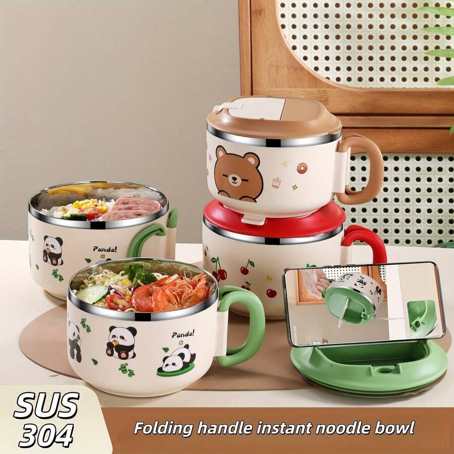 1个304不锈钢卡通图案方便面碗，带折叠勺、滤网、盖子，可作汤碗、饭碗或午餐盒
