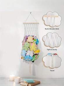 OBOVAY 1件超大号编织竖式毛绒娃娃吊床 - 白色毛绒娃娃收纳架，搭配彩色毛绒玩具，波西米亚风格婴儿房装饰，可悬挂在墙上或天花板上，是绝佳的礼物，也适合婴儿房、卧室、儿童房装饰，设计生动，质地柔软。 - 彩色 - 查看 4