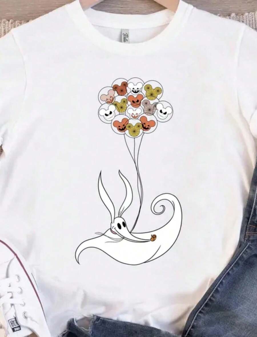 Zero Balloon Tee, Zero Halloween Pumpkin Shirt, Disneyland Halloween Party 2025, Jack, Sally - trắng - Xem 1