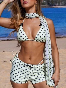 新款女士时尚休闲优雅性感黄色波点印花沙滩度假派对泳装套装，春夏款 - 彩色 - 查看 2