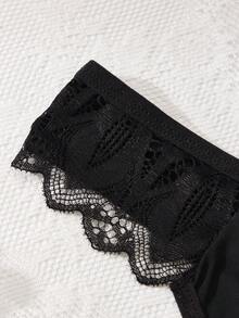 四件套女士性感内衣套装，黑色百搭日常丁字裤，迷人蕾丝边饰，舒适丝滑面料，适合约会和派对穿着 - 黑色 - 查看 4
