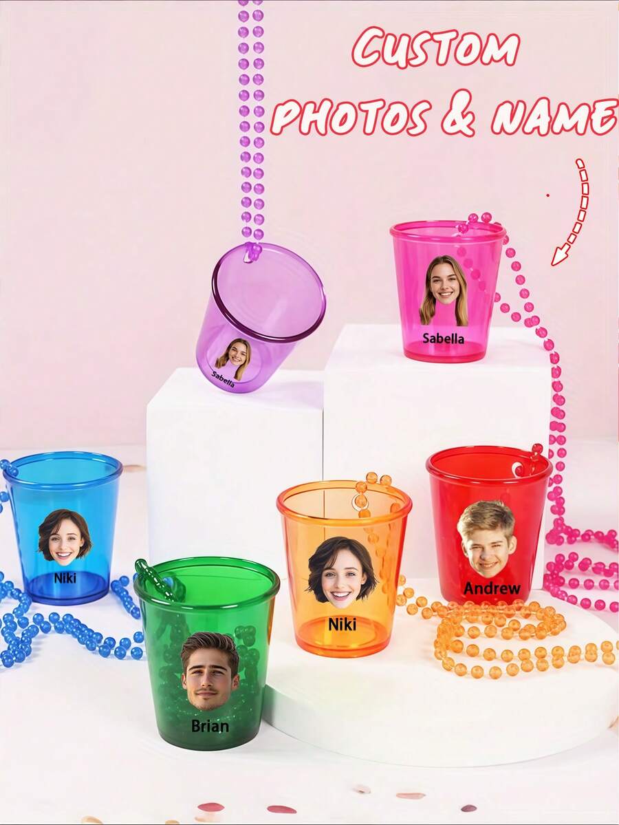 1pc Personalized Photo And Name Reusable Custom Wine Glass Necklace - Transparent Mini Party Glasses, Personalized Beaded Wine Glasses, Custom Text Wine Glasses, Easy-To-Clean Wine Glass Necklaces, Non-Disposable Wine Glasses, Graduation Party Gifts - Multicolor - View 1