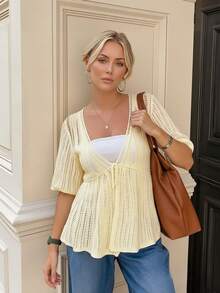 女装夏季新款宽松休闲镂空前系带针织开衫简约低胸短袖钩针网眼防晒上衣