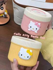Sanrio 1个三丽鸥Hello Kitty不锈钢/塑料可爱卡通便当盒（隐藏式提手），2个便携式保温午餐袋（DIY），可重复使用的密封设计，带保温孔，经济实惠的便携式水果蔬菜午餐盒 - 圆形卡通午餐盒 - 便携式，手动操作，手洗，适合学生、学校、办公室、健身房、户外、露营。学生午餐盒 | 简约设计 | 保温食品容器 - 彩色 - 查看 2