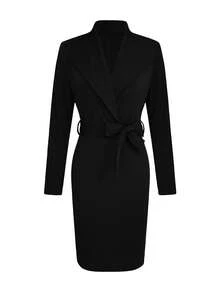 1pc Women's Solid Color V-Neck Long Sleeve Comfortable Fit Casual Dress, Suitable For Work, Office, Daily Wear, Autumn