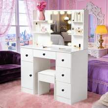 Large Dressing Table W/ 10 LED Lighted Mirror Lady Vanity Makeup Desk Stool Set - 白色 - 查看 1