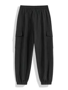 Men's Pants, Spring/Autumn Solid Color Multi-Pocket Drawstring Cargo Pants, Loose & Comfortable Sweatpants Black - Black - View 3