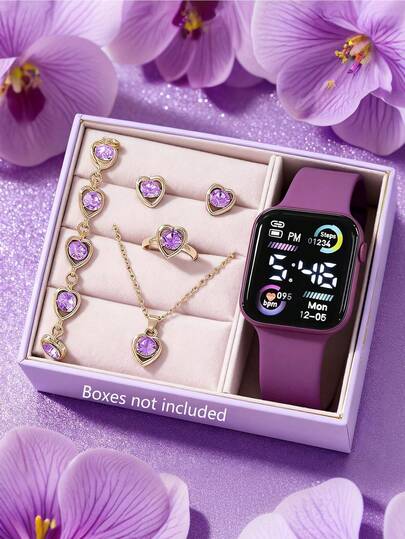 Conjunto de 6/5 piezas de relojes digitales LED de moda elegante y lindos para niñas, adecuado para uso diario. Incluye collar de mariposa, pulsera, anillo y aretes, perfecto para volver a la escuela, fiestas y viajes. Un regalo ideal para cumpleaños, días festivos y niñas. Un regalo perfecto para niñas en temporada de graduación, Día de San Valentín, Año Nuevo y Navidad. Accesorios para niñas