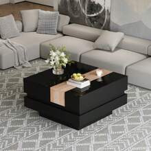 Square Living Room Table 70 X 70 X 39 Cm, Extendable Coffee Table With Hidden Storage, Tea Table With Color Block Design, High Gloss Living Room Side Table, Black, MDF - Hitam - View 4