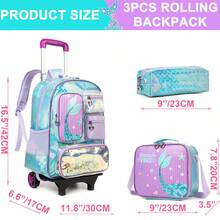 3件套女童拉杆背包，多口袋美人鱼/猫咪图案，适合小学生，带铅笔盒和铅笔盒 - 女童分離式拉桿包 - 查看 9