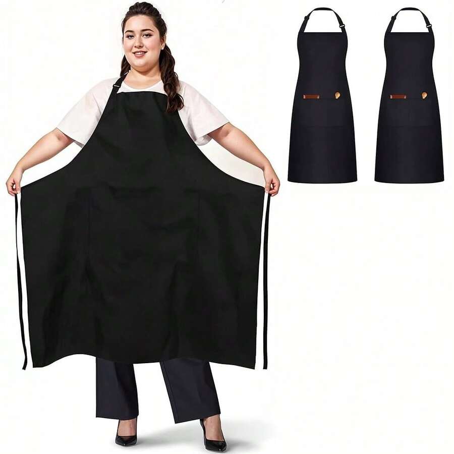 2 Pack Plus Size Chef Apron, Large Adjustable Aprons With Pockets For Men Women Waiter Waitress, Black White (XXXL),Black - Black - 查看 1