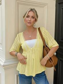 Áo khoác cardigan dệt kim dáng rộng, khoét lỗ, buộc dây, kiểu dáng tối giản cho nữ mùa hè, cổ thấp, tay ngắn, chất liệu lưới móc nhẹ, chống nắng. - Màu vàng - Xem 3