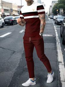 Men's Fashionable Printed Crew Neck Short Sleeve T-Shirt And Pants Set - Multicolor - View 2