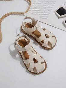 1 Pair Summer New Girls Sandals, Toddler/Kids Woven Closed Toe Soft Bottom Non-Slip Flat Beach Sandals - Beige - View 3