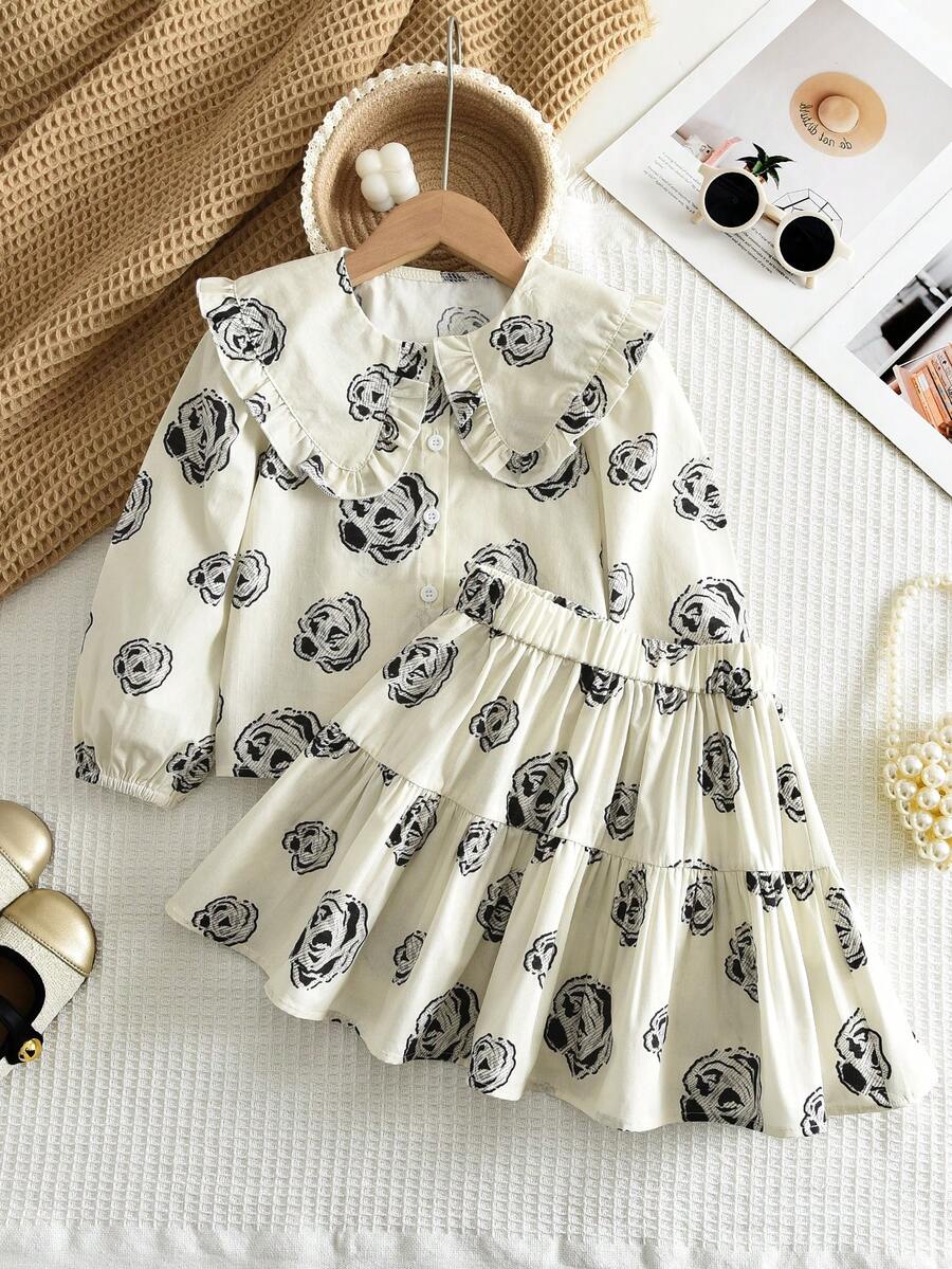 Set de 2 piezas con blusa de manga larga con cuello de volantes y estampado de mariposas + falda para niña