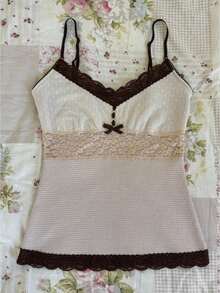 Women Y2k Fairy Grunge Tank Tops Vintage Aesthetic Lace Trim Cami Shirt Slim Fit Knit Ribbed Coquette Clothes - trắng - Xem 1