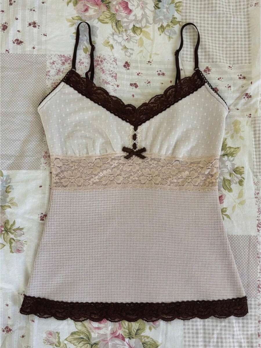 Women Y2k Fairy Grunge Tank Tops Vintage Aesthetic Lace Trim Cami Shirt Slim Fit Knit Ribbed Coquette Clothes - trắng - Xem 1