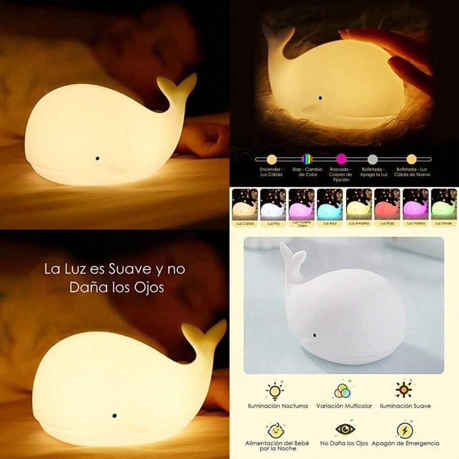Luz Nocturna, Luces de Ballena,Lámpara de Silicona para la Decoración de la Habitación del Bebé, Recargable, con 7 Tipos de Color de Luz(Whale) - Multicolor - Ver 1