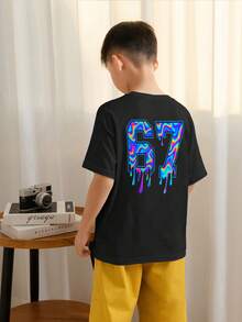 Boys & Teens Casual Printed Crew Neck Short Sleeve T-Shirt, Summer Top - Black - View 2