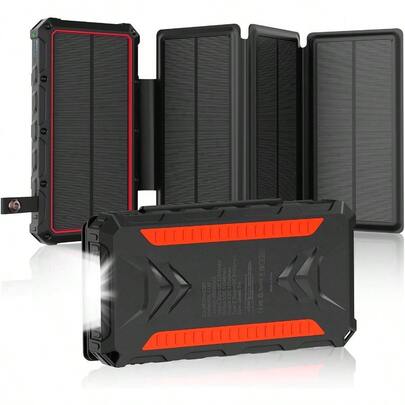 Solar Charger 20000mAh Solar Power Bank With Dual 3A Outputs Fast Charging Portable Charger 4 Solar Panels External Battery Pack Waterproof And Flashlights For Phone Tablet Outdoor Camping Red