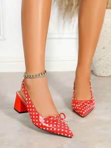 Women's Fashion Versatile Bow Tie Closed Toe Chunky Heel Sandals, Comfortable Non-Slip Breathable Hollow Out Backstrap High Heels - Red - View 3