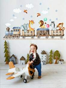 1pc Creative Watercolor Animal Hippopotamus, Zebra, Leopard, Giraffe, Train Pattern Self-Adhesive Wall Sticker, Nursery Decor, Girls/Boys Bedroom, Hallway, Living Room, Balcony Home Wall Decor - Multicolor - View 8