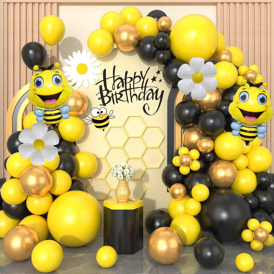 119pcs Bee-Themed Balloon Arch Set, Includes Bee And Daisy Foil Balloons, As Well As Yellow, Black, And Gold Latex Balloons. Perfect For Birthday Parties, Baby Showers, Engagements, Weddings, Bridal Showers, And Bee-Themed Party Decorations. - Multicolor - View 1