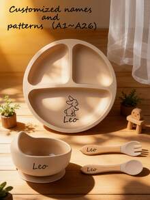4 Buah Perlengkapan Makan Mandiri Bayi (Baby Led Weaning): Peralatan Makan, Piring, Mangkuk, Garpu, dan Sendok, dengan Nama dan Pola yang Dipersonalisasi, Hadiah Sempurna untuk Anak-anak, Set Hadiah untuk Acara Baby Shower - MultiWarna - View 2