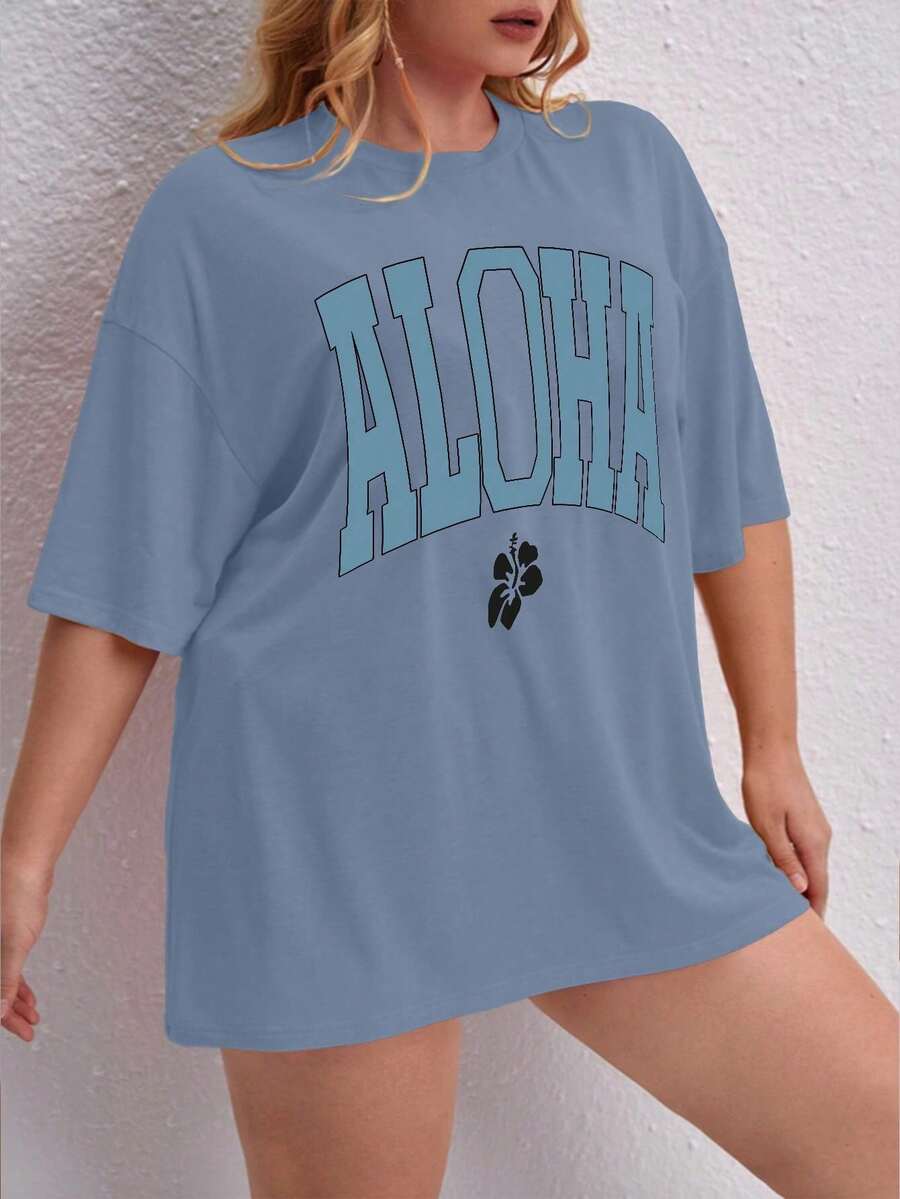 Oversized Printed Aloha Flower T-Shirt, Summer/Spring Short Sleeve Blouse, Lightweight Gym Wear - Baby Blue - View 1