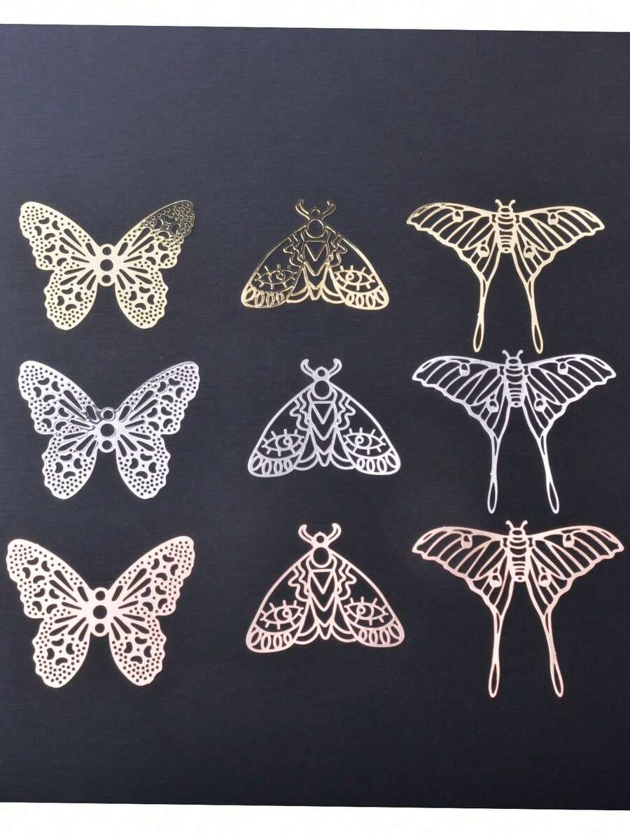 Conjunto de 6 pingentes em filigrana de latão, ouro branco e ouro rosa, acessórios para joias, pingentes de mariposa e borboleta para brincos artesanais. - Borboleta - Ver 1