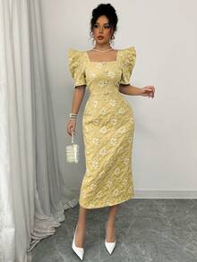 Spring/Summer Puff Sleeve Pearl Decor Button Long Jacquard Texture Dress, Elegant Lady Style, Yellow, Suitable For Daily, Date, Wedding - Yellow - View 6
