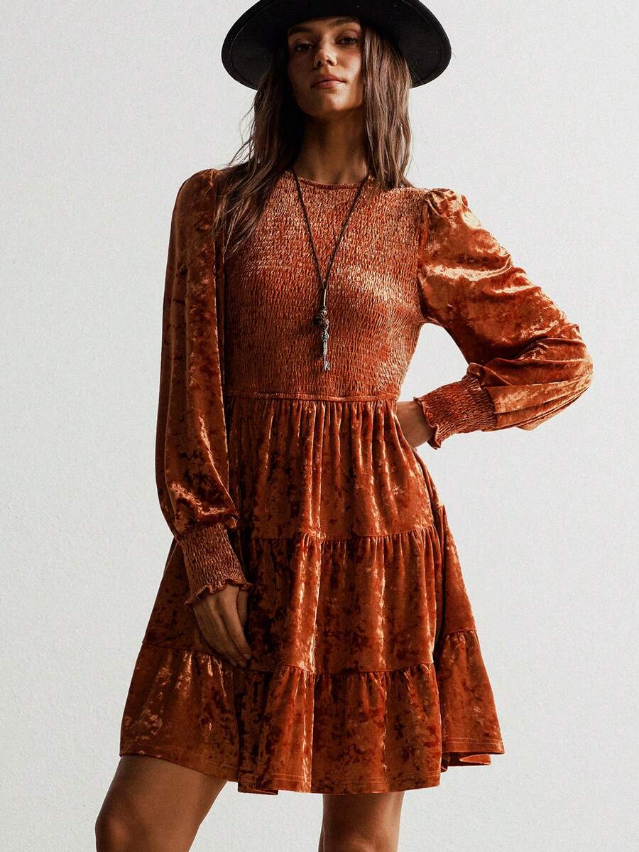 Rusttydustty Bohemian Style Velvet Waist Tie Layered Ruffle Hem Dress, Showcases Elegant Elegant, Suitable For Holiday Parties, New Year, Valentine's Day And Various Occasions