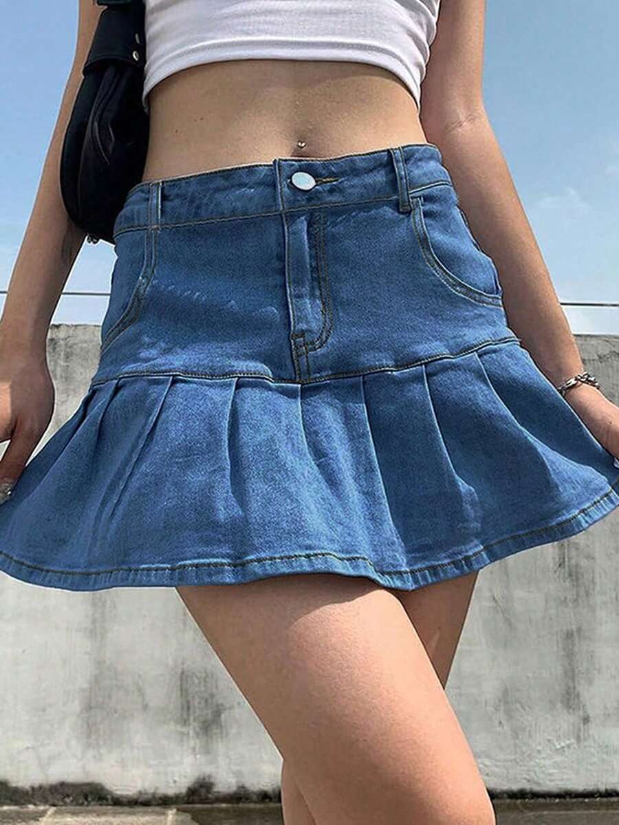 Music Festival Summer Casual Y2K Style Pleated Denim Mini Skirt - Medium Blue - View 1