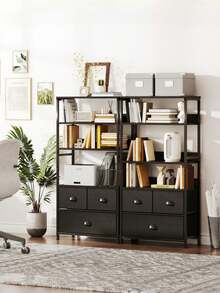 Armario de almacenamiento de cuatro niveles con tres cajones de tejido PU -estructura metálica negra- adecuado para salones, oficinas, dormitorios y cocinas, lo que lo convierte en una opción ideal para organizar libros, fotografías y objetos decorativos. - Negro - Ver 5