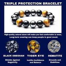 Triple Protection Bracelet-For Protection-Tiger Eye Stone-Hematite-Black Obsidian-Crystal Gemstone Bracelet-12mm Beaded Stretch Bracelet-Smallest,Small,Medium,Large Size-Bring Good Luck And Prosperity,SmallestSize - 最小尺寸 - 查看 3