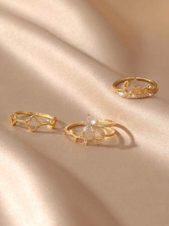 GEREIT 3ชิ้น แหวนโบว์โคลเวอร์ฝังเซอร์โคเนียขนาดเล็กสีทองแดงแฟชั่นมินิมอล เหมาะสำหรับใส่ในชีวิตประจำวันและเป็นของขวัญให้แฟน/แฟน