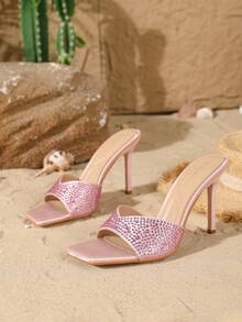 On feet& in love Women's Fashionable & Elegant Satin Rhinestone Strap Open Toe Slip-On Sandals, Suitable For Wearing With Dresses, Stiletto High Heels - Pink - View 5