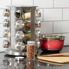 Home Basics Estante giratorio para especias con 16 tarros | Estante giratorio con acabado plateado cepillado | Organizador giratorio contemporáneo para la cocina Almacena sal, pimienta, canela, hierbas, pimentón y mucho más. - Plateado - Ver 5