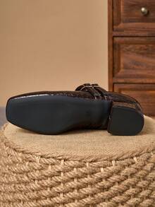 MonaNise Giày Mary Jane nữ đế thấp, gót dày 3cm, màu đen, ánh kim, màu xanh navy và đỏ tía. - Nâu sẫm - Xem 7