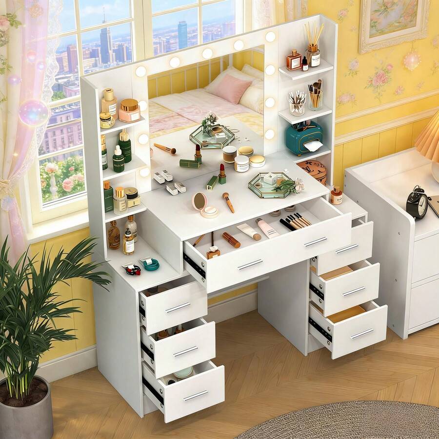 White Dressing Table Set LED Bulbs Large Mirror Vanity Make Up Desk 7 Drawers - White - View 1