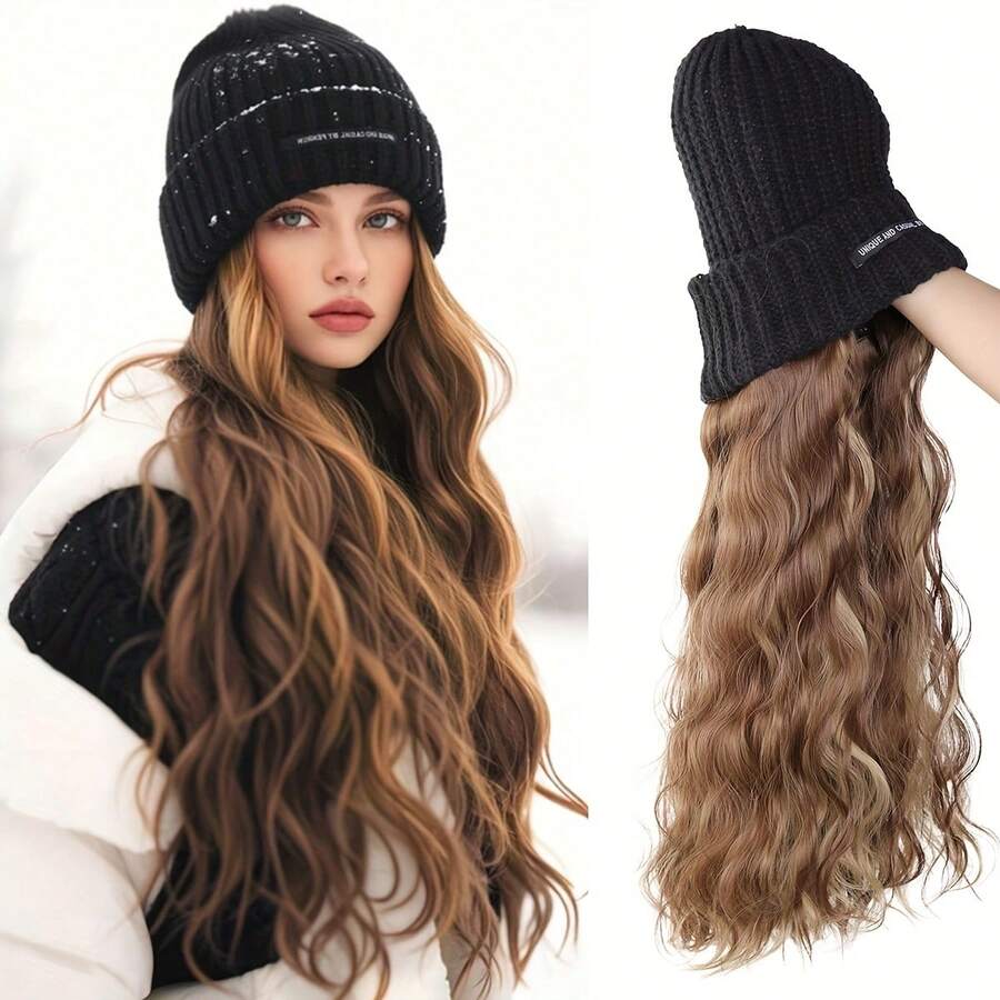 Heat-Resistant Synthetic Long Wave Hairpiece With Elastic Knit – Versatile Straight & Curly Style - 黑帽1b - 查看 1