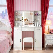 Makeup Desk Large Dressing Table LED Mirror 3 Drawers 2 Cabinets & Stool Vanity - White - View 4