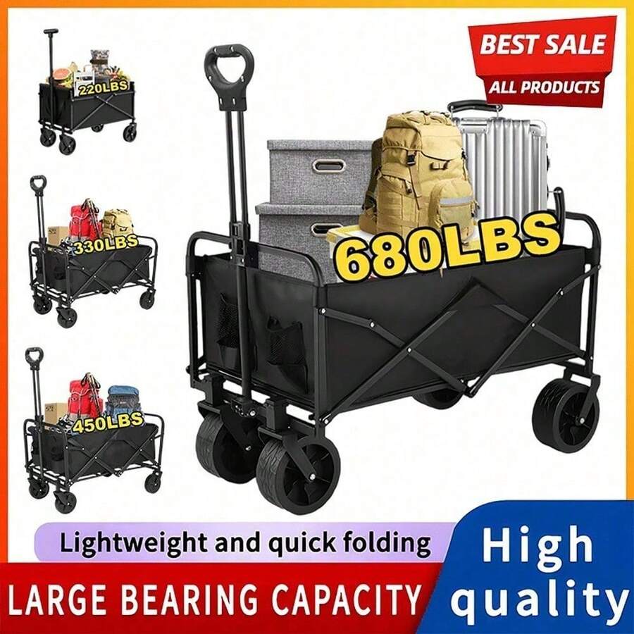 INBRAVE 220 Lbs/ 450 Lbs Heavy Duty/ 680 Lbs Practical Fully Foldable Cart, Large Capacity Camper Suitable For Yard Shopping/ Sports/ Outdoor/ Gardening Equipment Transport, Black Multi-Purpose Tool Cart, Outdoor Utility Cart, Foldable Design, Heavyduty Cart - màu đen - Xem 1