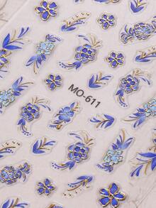 2片青铜色和紫色花朵美甲贴纸，渐变紫蓝色花瓣和金色边缘自粘美甲贴花，优雅花卉美甲沙龙DIY装饰，适合女孩指甲 - 彩色 - 查看 8