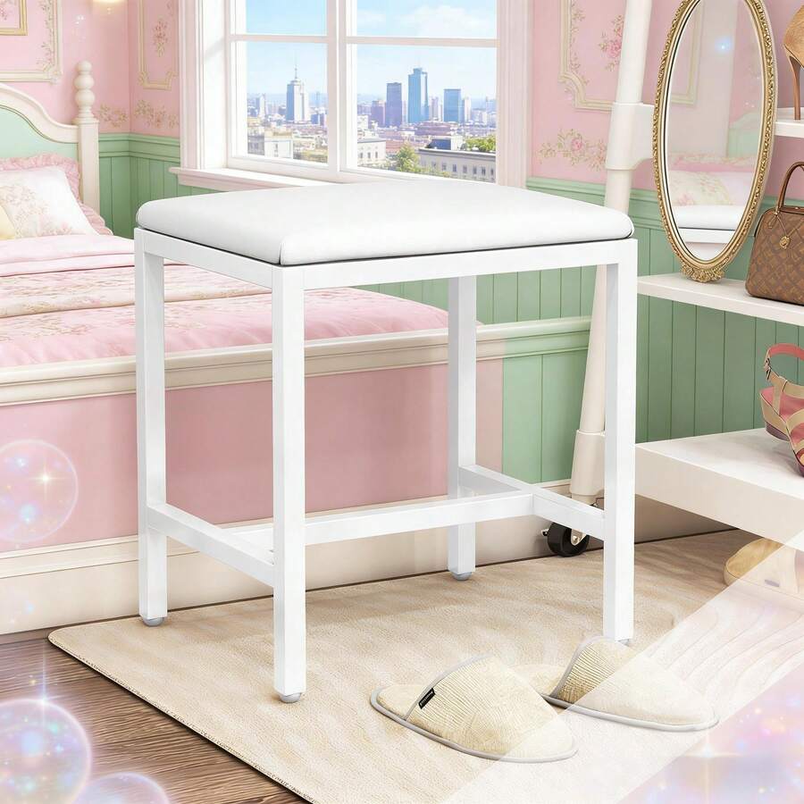 Dressing Table Stool Makeup Bench Chair Soft Padded Cushion Seat Footrest Stool - White - View 1