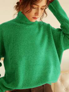 Knit Mix Women Solid High Neck Drop Shoulder Jumper - Green - View 8