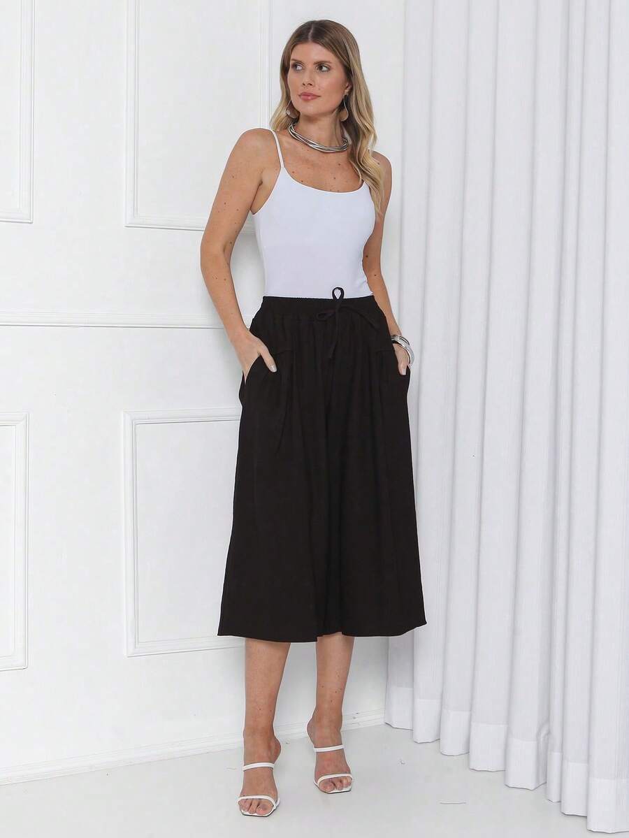 Plain Culottes With Two Elasticated Waist Pockets, Women's Linen, Knot Detail, Wedding Dress. - Black - View 1
