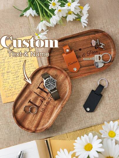 Bandeja de joyería ovalada de madera personalizada, bandeja de almacenamiento de madera personalizada, grabada con láser, bandeja de baratijas personalizada, soporte para anillo de compromiso, bandeja de café de madera, tabla de servir, bandeja para juego de té adecuada para decoración del hogar, catering, banquetes y eventos especiales, regalos de novedad/cumpleaños/Día de San Valentín/inauguración de la casa/Día del Padre, decoración del hogar, muebles del hogar, artículos del hogar.