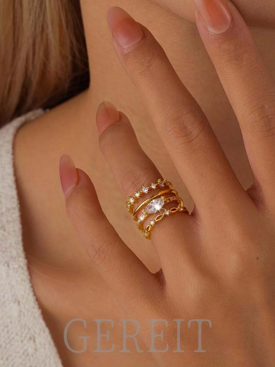 GEREIT 4pcs Minimalist Exquisite Gold-Tone Copper Micro-Inlaid AAA Zirconia Ring Set, Suitable For Ladies, Friends, Daily Wear, Mother's Day Gift - Gold - View 1