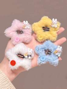 4pcs Cute Colorful Plush Star Hair Clips For Women, Sweet Personalized Side Bangs Decor BB Clips With Adorable Button & Rabbit Decor, Elegant Y2K Style Hair Accessories For Daily, Date, Party, Claw Clips, Hair Slide, Hair Barrettes
